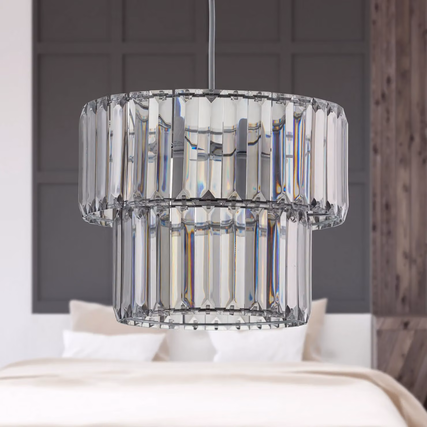 First Choice Lighting Clint Smoked Acrylic Crystal Two Tier Easy Fit Pendant Shade in Silver – 3