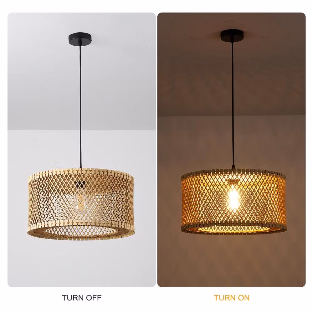 NIVOR Adjustable Dimmable Boho Wooden Caged Pendant Light in Tan with E27 Socket – 3