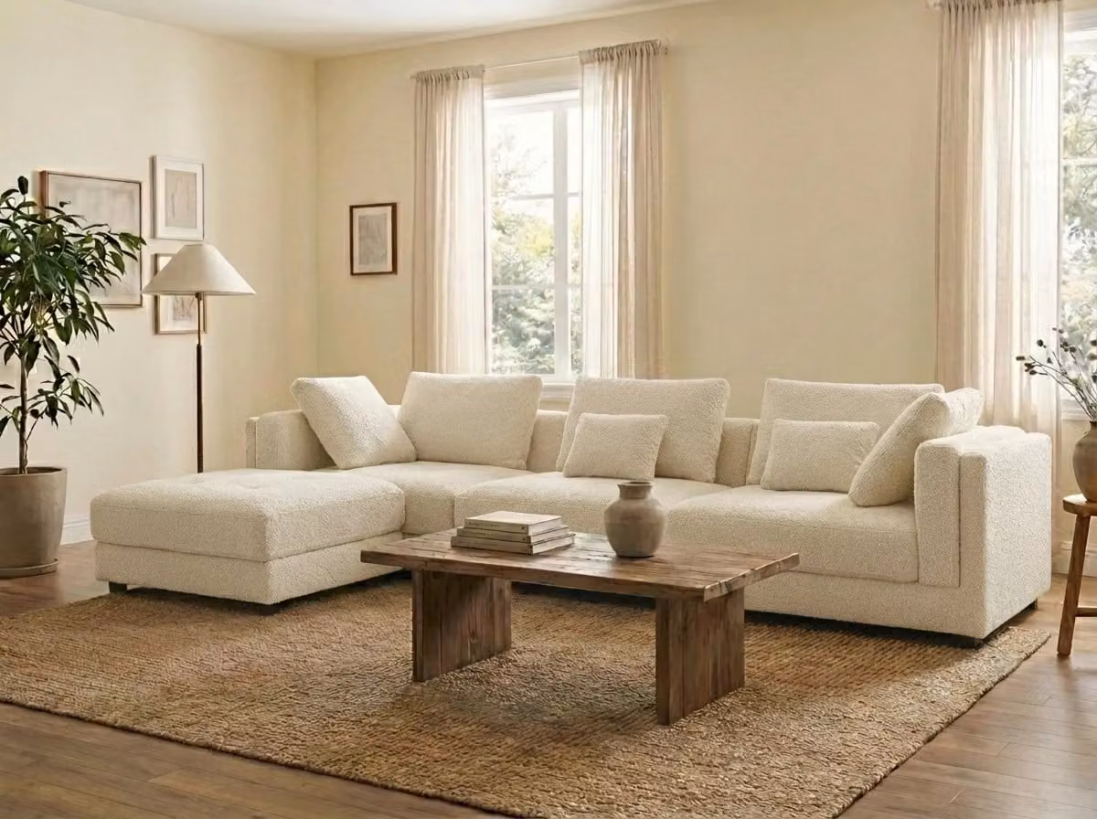 Araco Atelier Ollie 3 Seater Upholstered Bouclé Sofa in Vanilla Beige and White