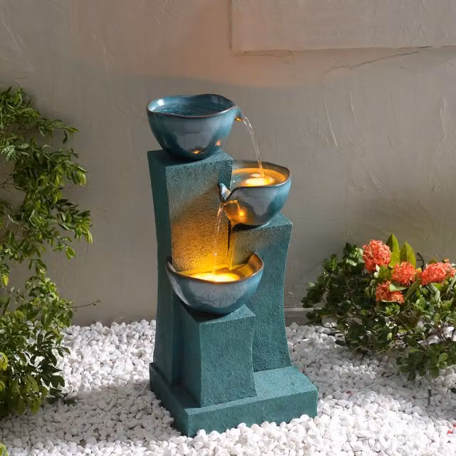 Teamson Home 3 Tier Cascading Round Outdoor Water Feature with LED Lights in Green and Grey