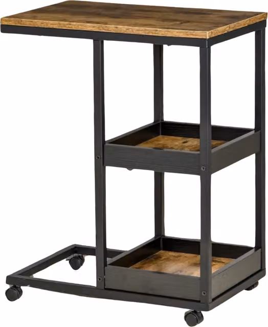 Pirlo Plush Industrial 3-Tier C-Shaped Side Table with Castors in Brown