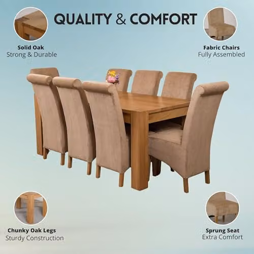 Thats Furniture Kuba Oak Dining Table and 8 Montana Upholstered Chairs Set, Beige, W: 180 cm, D: 90 cm, H: 78 cm – 2
