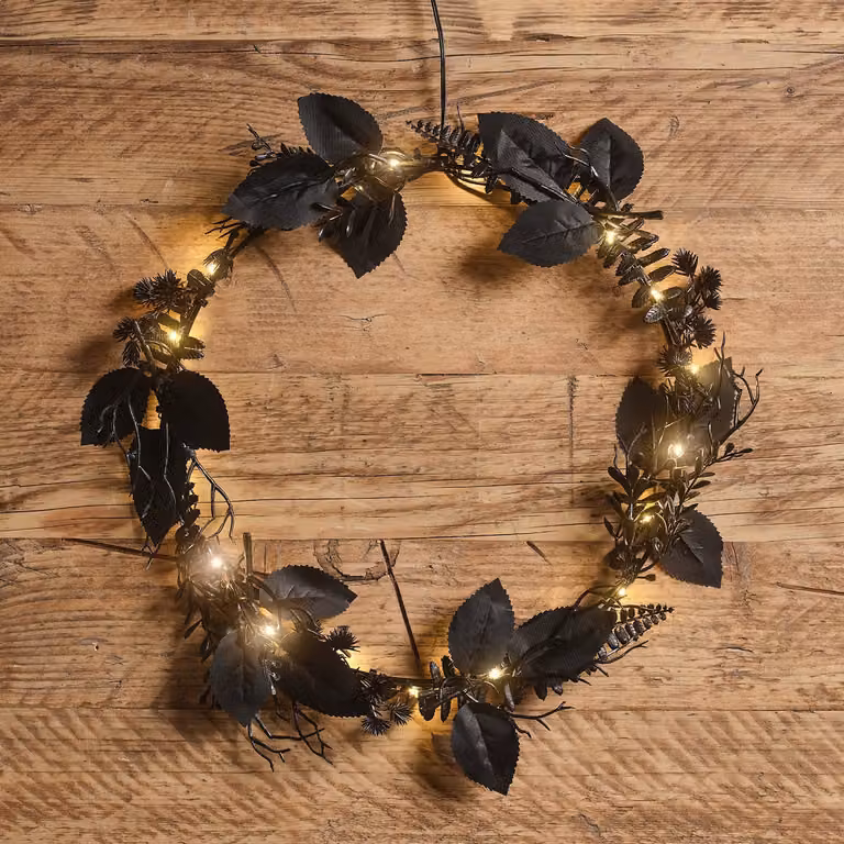Lights4fun Pre Lit Halloween Foliage Wreath in Black, Silver and White, Diameter: 30 cm