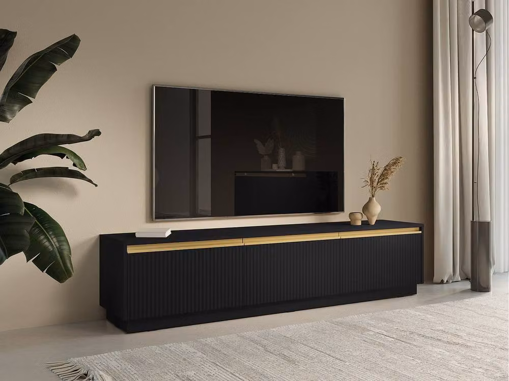 Vente-unique Modern Black Matt MDF TV Unit with 3 Doors, Wall-Mounted or Freestanding, W/D/H: 181.5 x 39.0 x 42.0 cm – 3