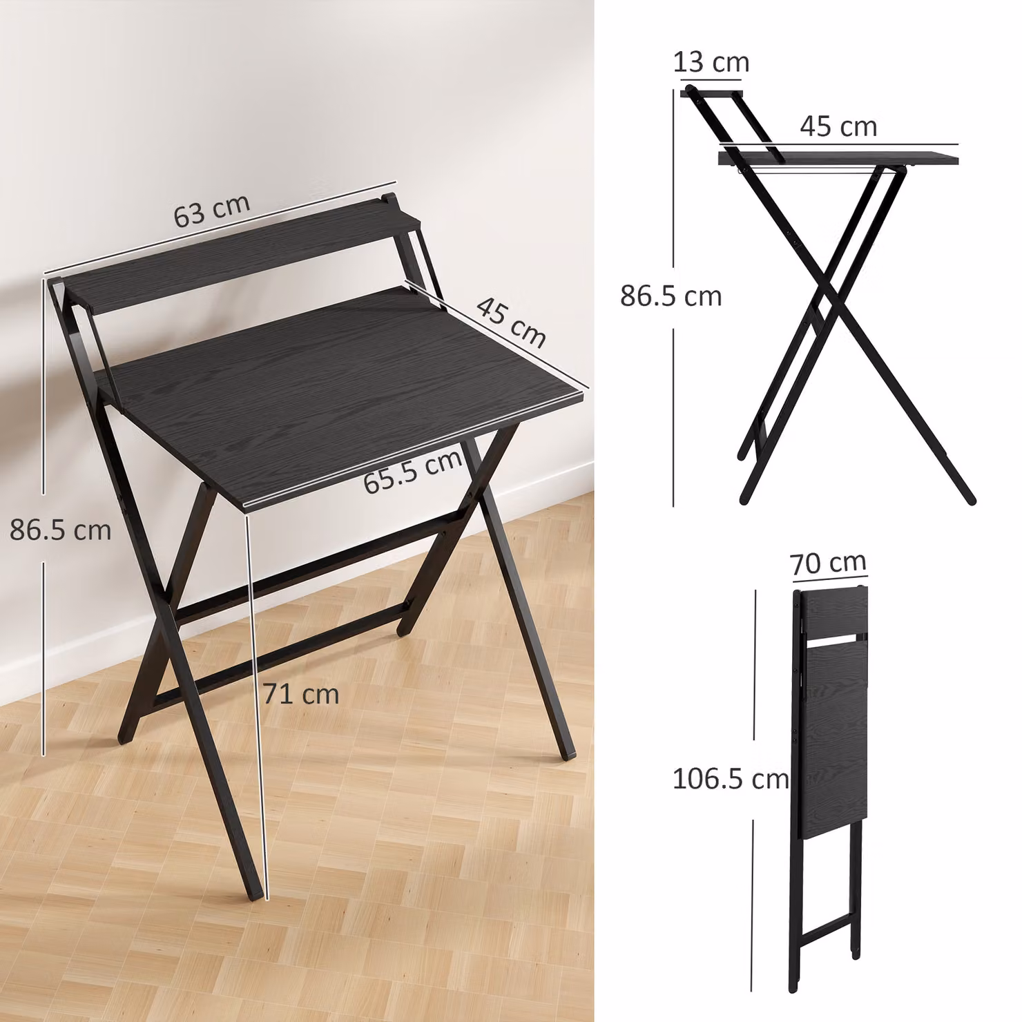 HOMCOM Black Folding Computer Desk with Monitor Shelf, W: 70 cm, H: 86.5 cm – 3