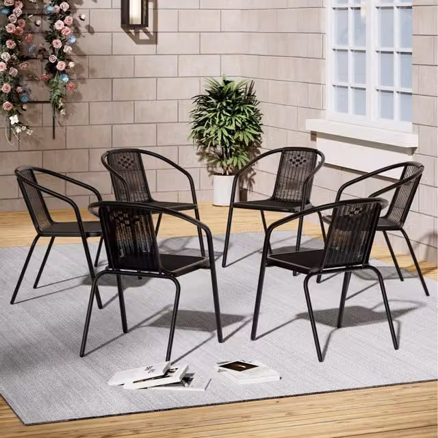 Livingandhome Set of 6 Black Matt Plastic and Metal Stacking Garden Chairs