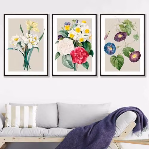 ARTZE Set of 3 Vintage Spring Daffodil Floral Wall Art Paper Posters in Multicolour and Beige, W: 42 cm x H: 59.4 cm