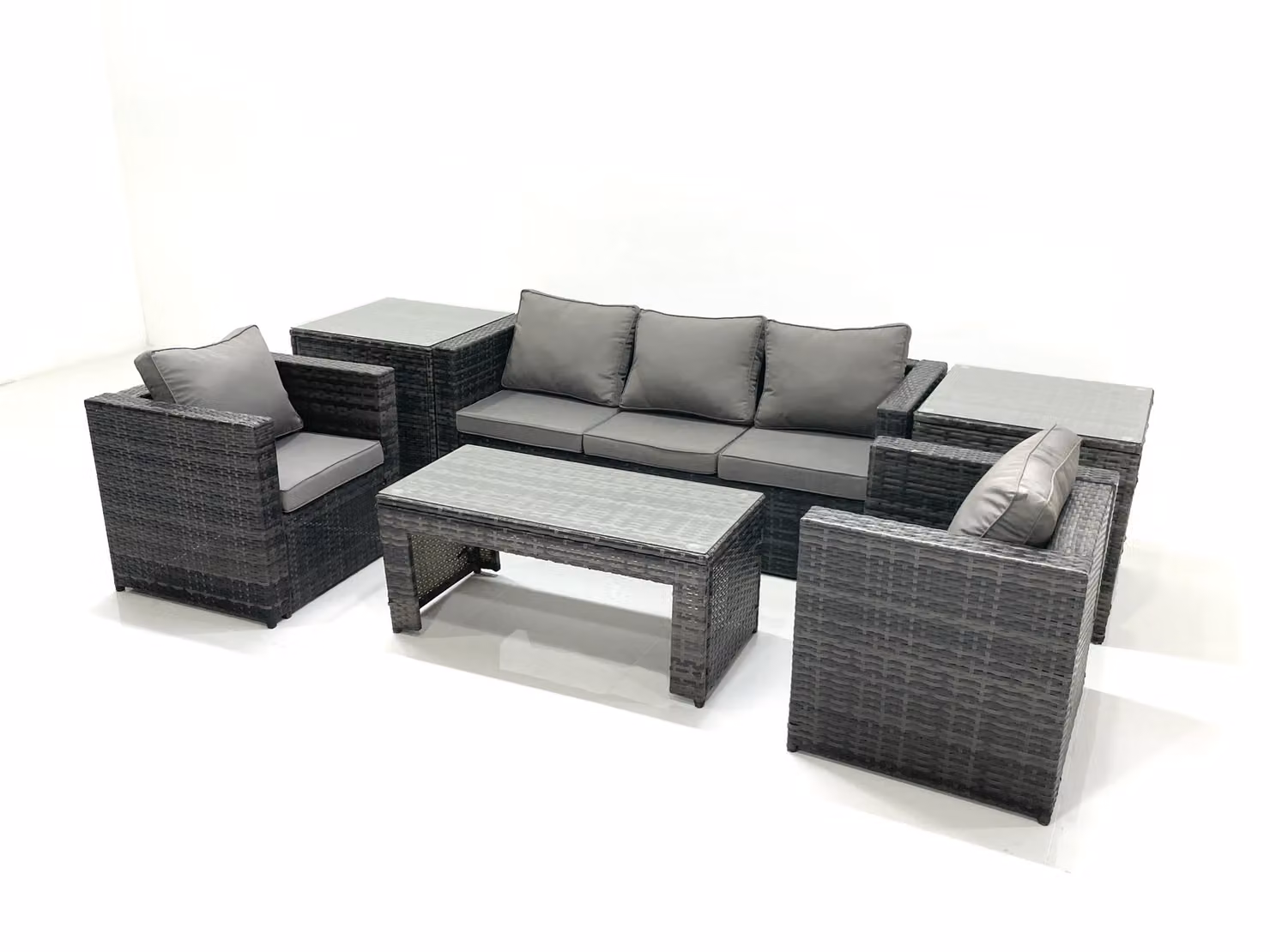 Fimous Rattan Garden Furniture Set with Lounger Sofa, Coffee Table, 2 Armchairs and 2 Side Tables in Dark Grey – 2