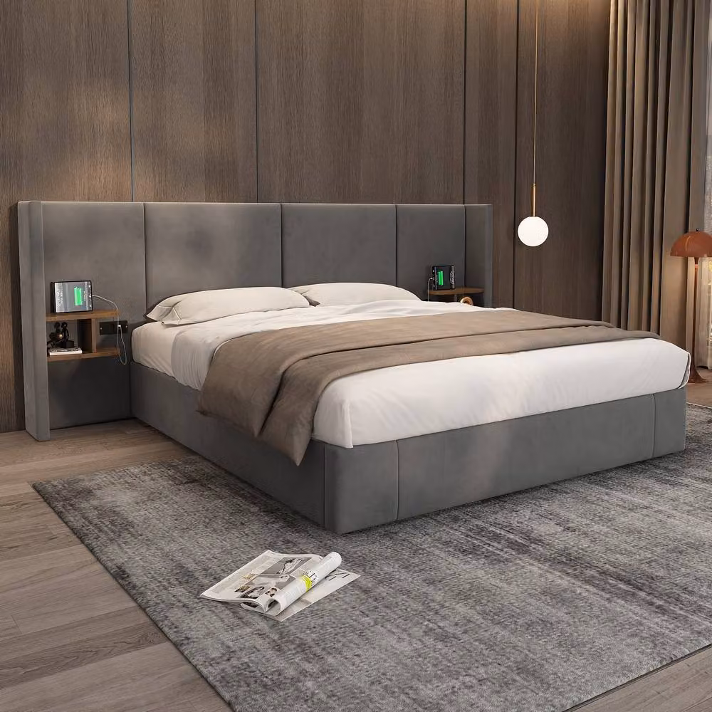 Rolipo Grey Velvet Ottoman King Size Bed Frame with Bedside Tables and USB Charging Ports – 2
