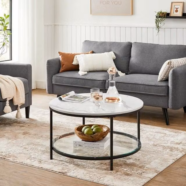 The Bazaarist Modern Round Coffee Table with Faux Marble Top and Storage Shelf in White and Black
