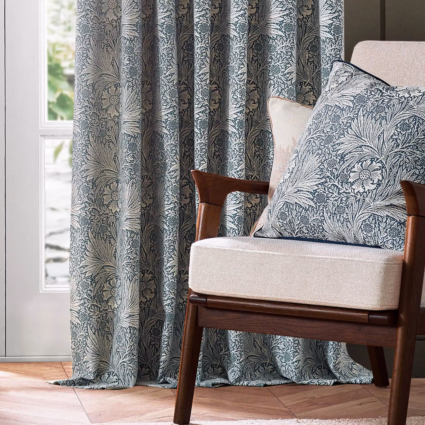 Morris & Co. Marigold Jacquard Floral Pencil Pleat Curtains, Indigo, Width: 229 cm, Drop: 137 cm – 4