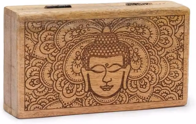 KDMD Med Square Buddha Face Wooden Box, Black with Brown Engraving, W/D/H: 17 x 10 x 4.2 cm