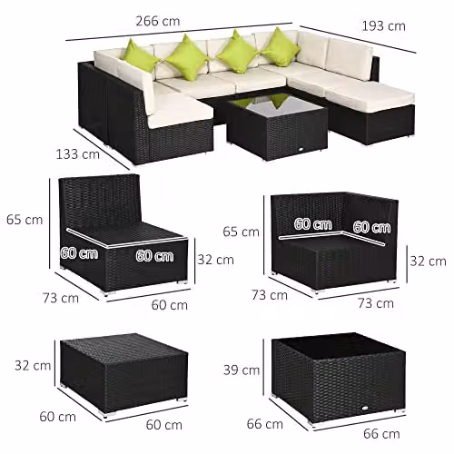 Outsunny 8 Piece L-Shape Rattan Garden Furniture Set with Cushions and Ottoman in Black – 7