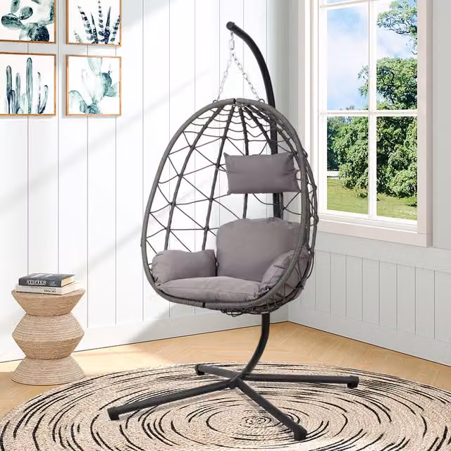 Breeins Rattan Outdoor Hanging Chair with Stand and Cushion in Black and Grey