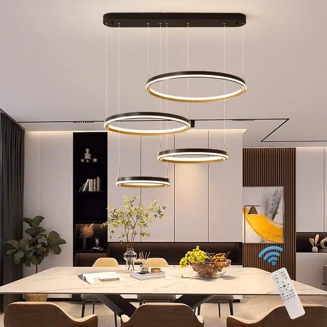 Garwarm Modern 4 Ring LED Dimmable Chandelier in Black and Gold/Brass with Remote Control