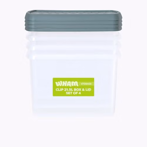 Wham 4 Pack Stackable Plastic Storage Boxes with Lids, 21.5L, Clear and Green