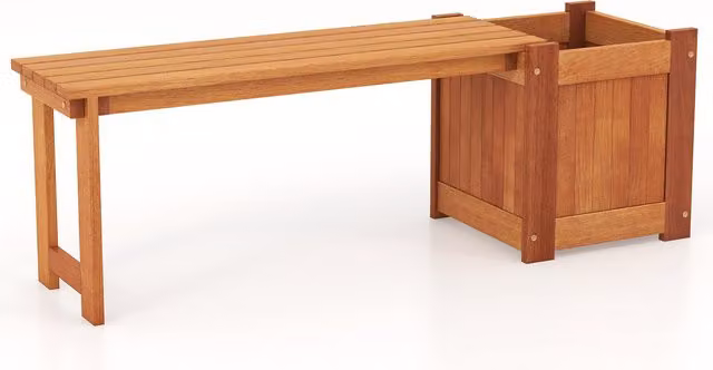 Costway Minimalist Oiled Hardwood Flower Box with Bench in Brown