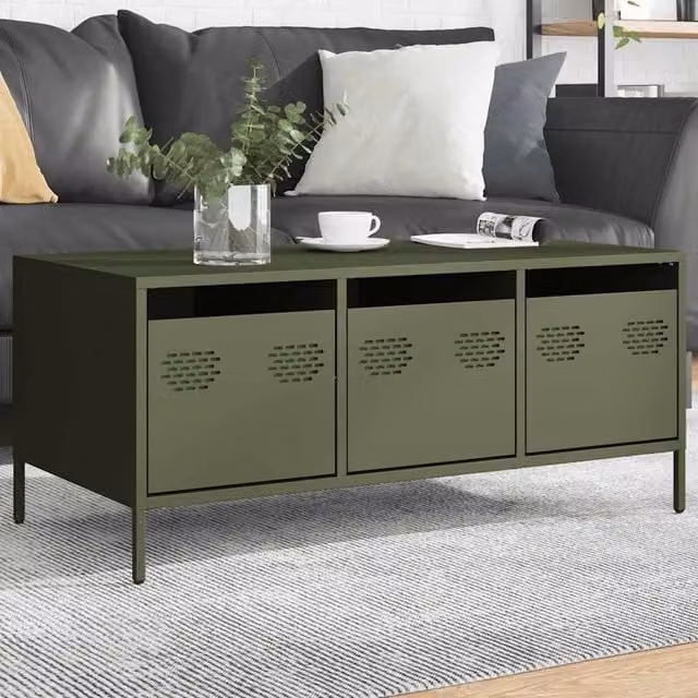 Berkfield Home Industrial Rectangular Coffee Table in Matt Olive Green, W/D/H: 101.5 x 50 x 43.5 cm – 1