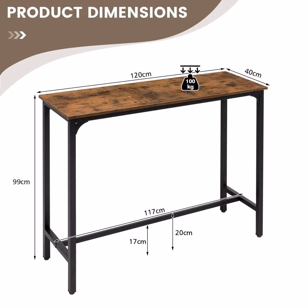 Costway Brown Industrial Bar Table with Footrest and Steel Frame, Width: 120 cm – 2