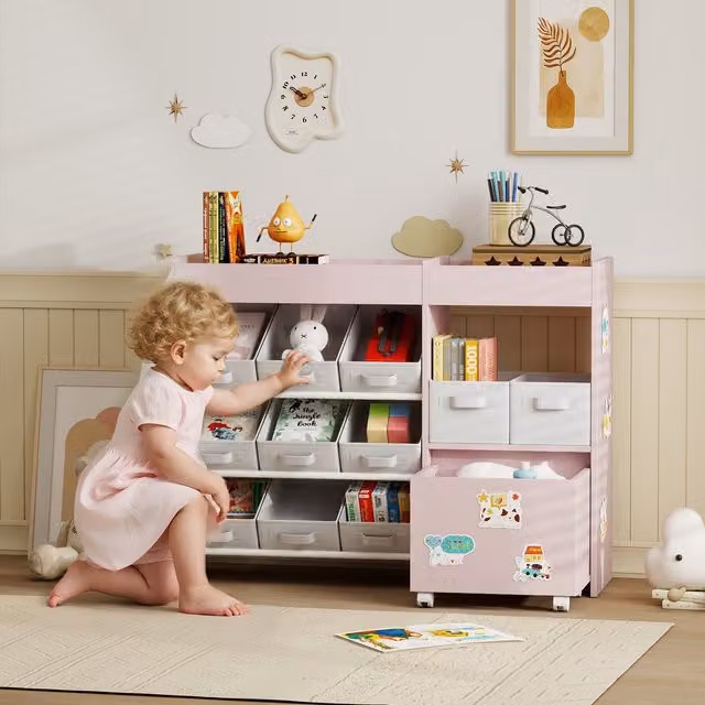 AIYAPLAY Kids Toy Storage Unit with 11 Fabric Bins and 3 Stickers, Pink