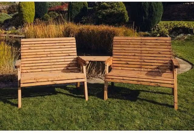 Churnet Valley Garden Furniture Ltd Valley 2 Bench Set with Angled Tray and Cushions in Brown Pine Wood