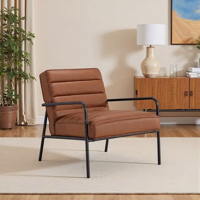 Komore Modern Armchair with Synthetic Leather and Metal Frame in Beige or Brown