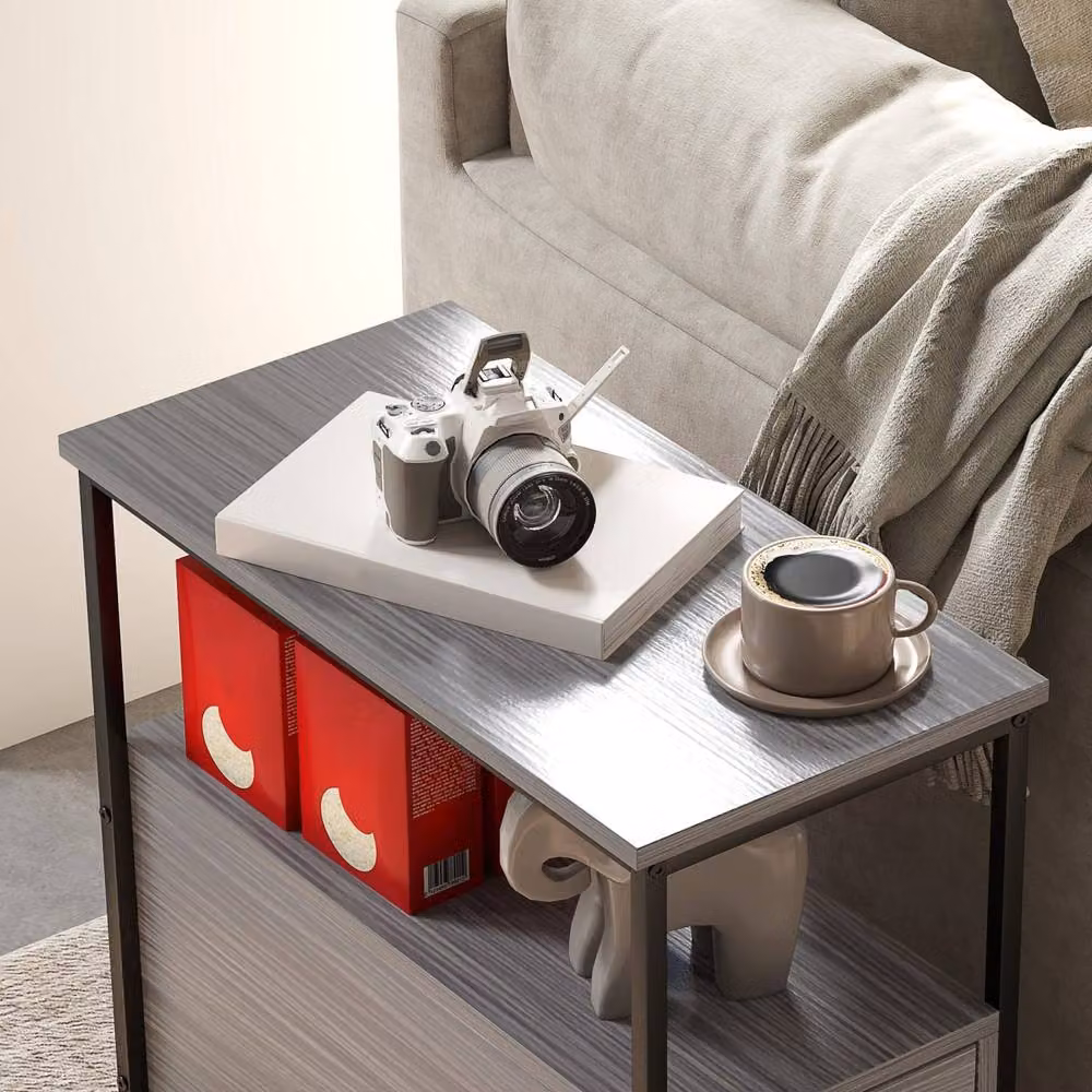 Wyld Haus Loto Narrow Bedside Table in Grey Wood Effect with 2 Drawers and Shelf – 6