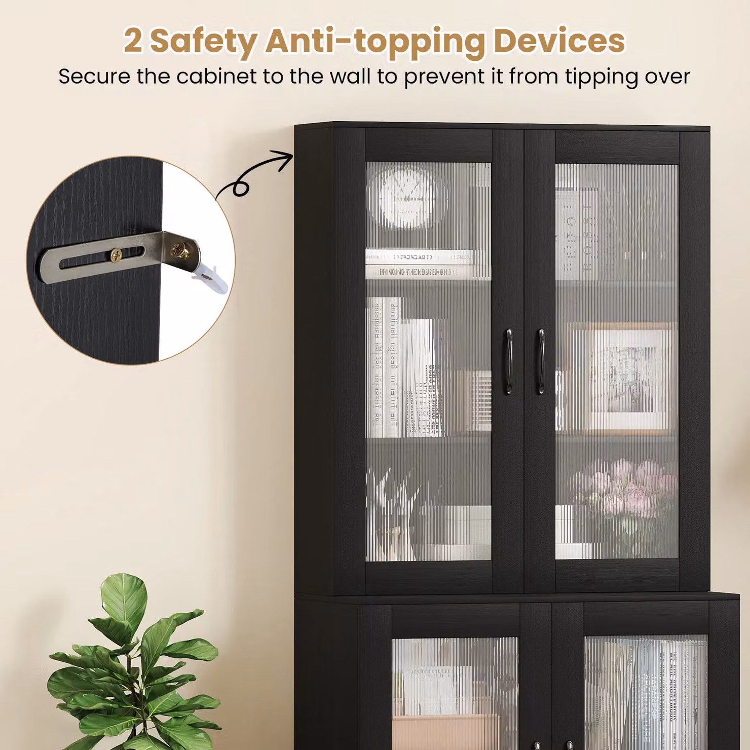 Gymax Modern Black Kitchen Pantry Cabinet with 4 Transparent Glass Doors, Height: 178 cm – 6
