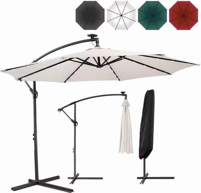 Arebos White Cantilever Parasol with LED Lights and Polyester Canopy