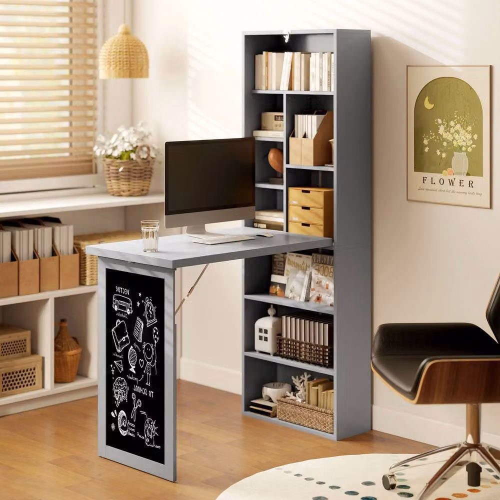 STILVORA Grey Folding Convertible Secretary Desk with Blackboard and Shelves, H 153 x W 98 x D 51 cm – 7