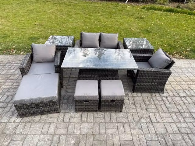 Fimous High Back Rattan Garden Furniture Set in Dark Grey with Height Adjustable Table, 2 Side Tables and 3 Footstools