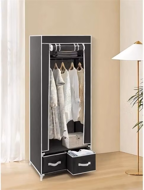 SPETLEK Portable Single Wardrobe in Grey with Integrated Drawers and Hanging Rod, H 160 x W 60 x D 43 cm – 1