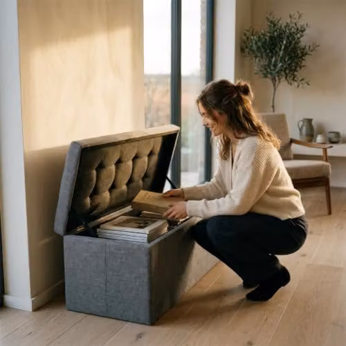 Harbour Housewares Foldable Grey Linen Storage Ottoman Bench, W/D/H: 111 x 37 x 39 cm – 7