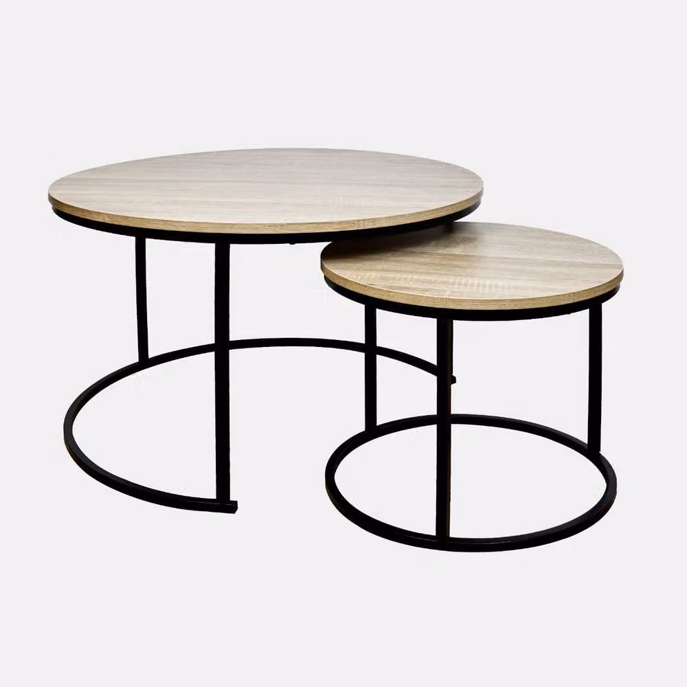 OHS Manhattan Nest of 2 Round Modern Coffee Tables in Light Oak – 2
