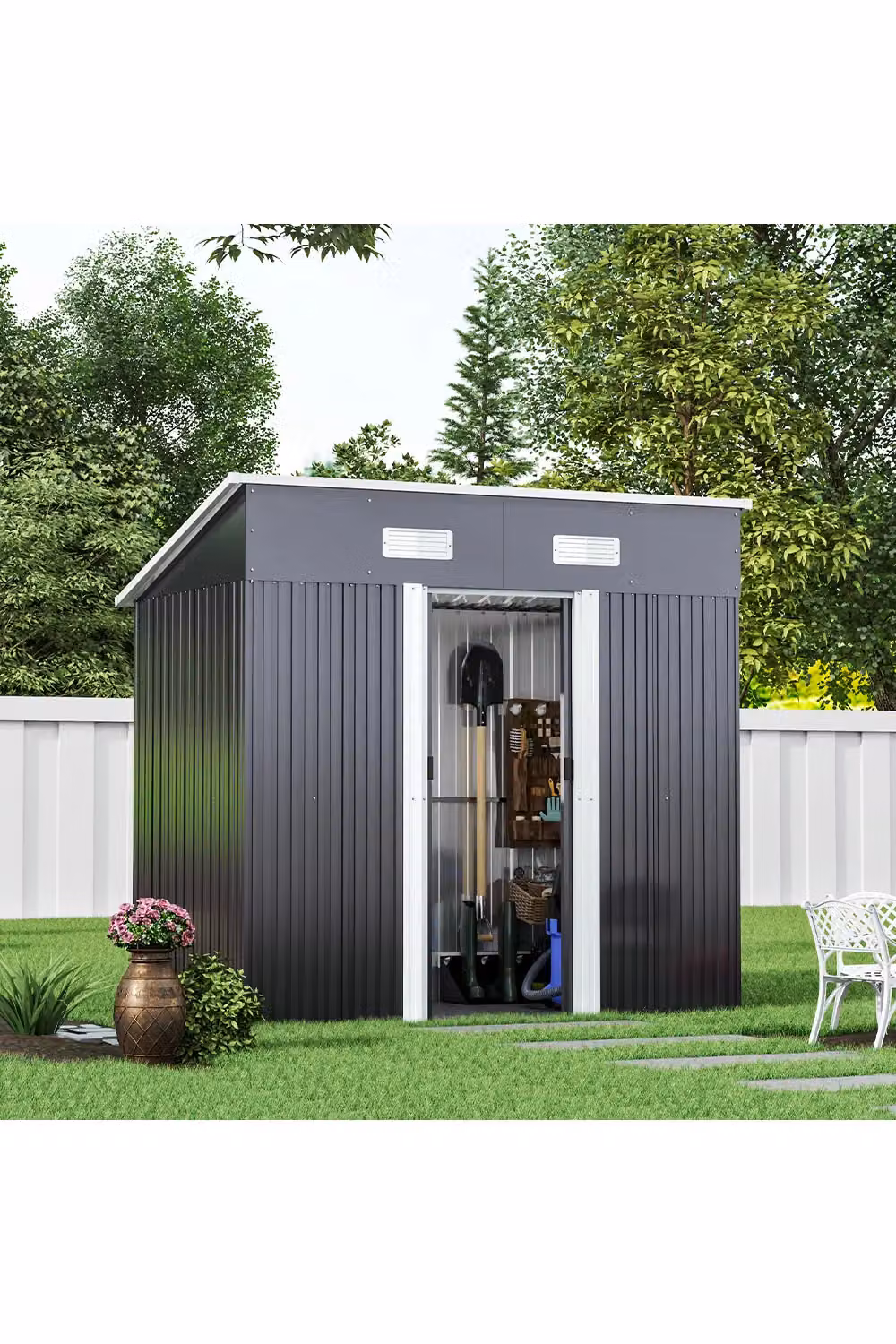 Living and Home Pent Metal Garden Shed with Base Foundation and Double Doors, Black, W: 182 cm, D: 121 cm, H: 194 cm – 2