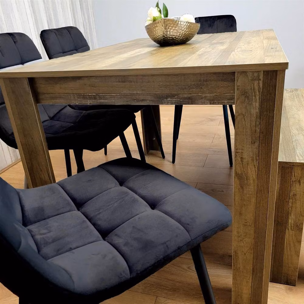 KOSY KOALA Modern Dining Set for 6 with Oak Effect Table, 4 Black Velvet Chairs and Wooden Bench, Brown and Black – 6