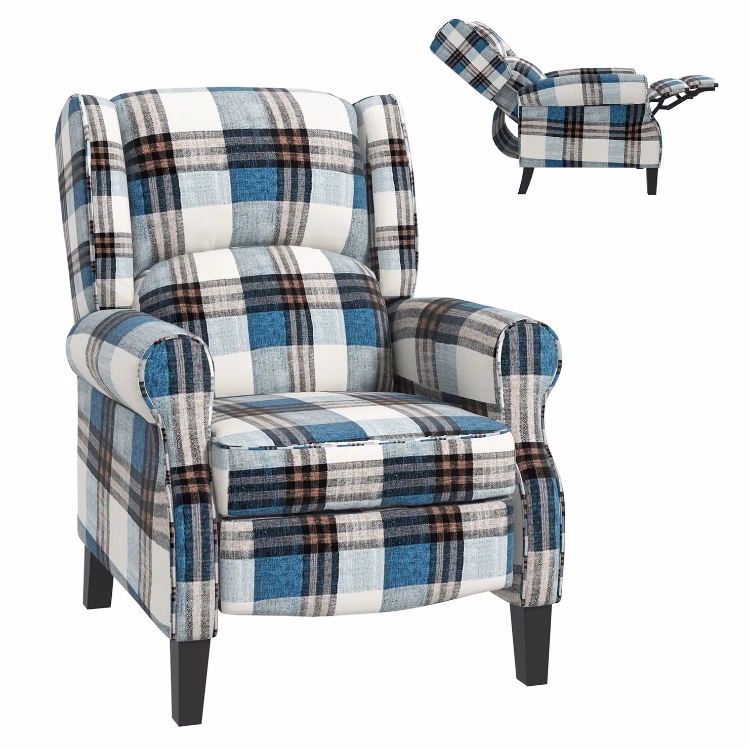 HOMCOM Blue Fabric Wingback Recliner Chair with Padded Armrests – 2