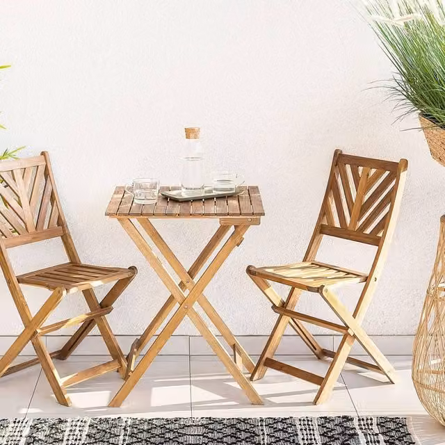 Wyld and Coco 3-Piece Acacia Wood Folding Bistro Set in Brown