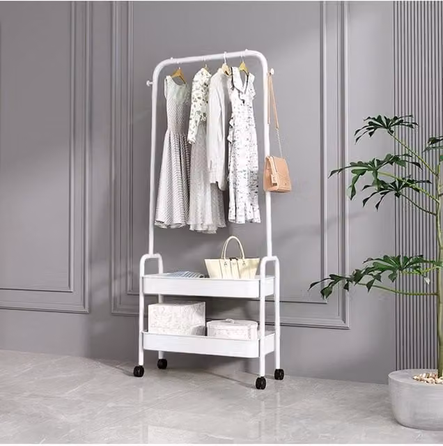 H&O Direct Modern Glossy White Metal Rolling Clothes Rail