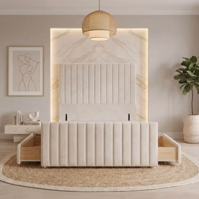 Somnior Eleanor Velvet Divan Base with 4 Drawers and Headboard in Beige, W/D/H: 120 x 200 x 137.16 cm