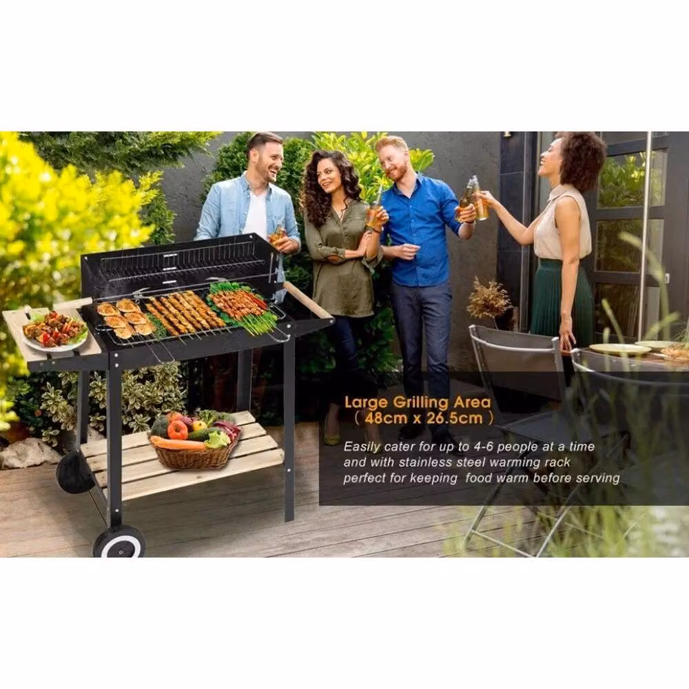 FLAVORA Classic Charcoal BBQ Grill with Wooden Shelves in Black – 4
