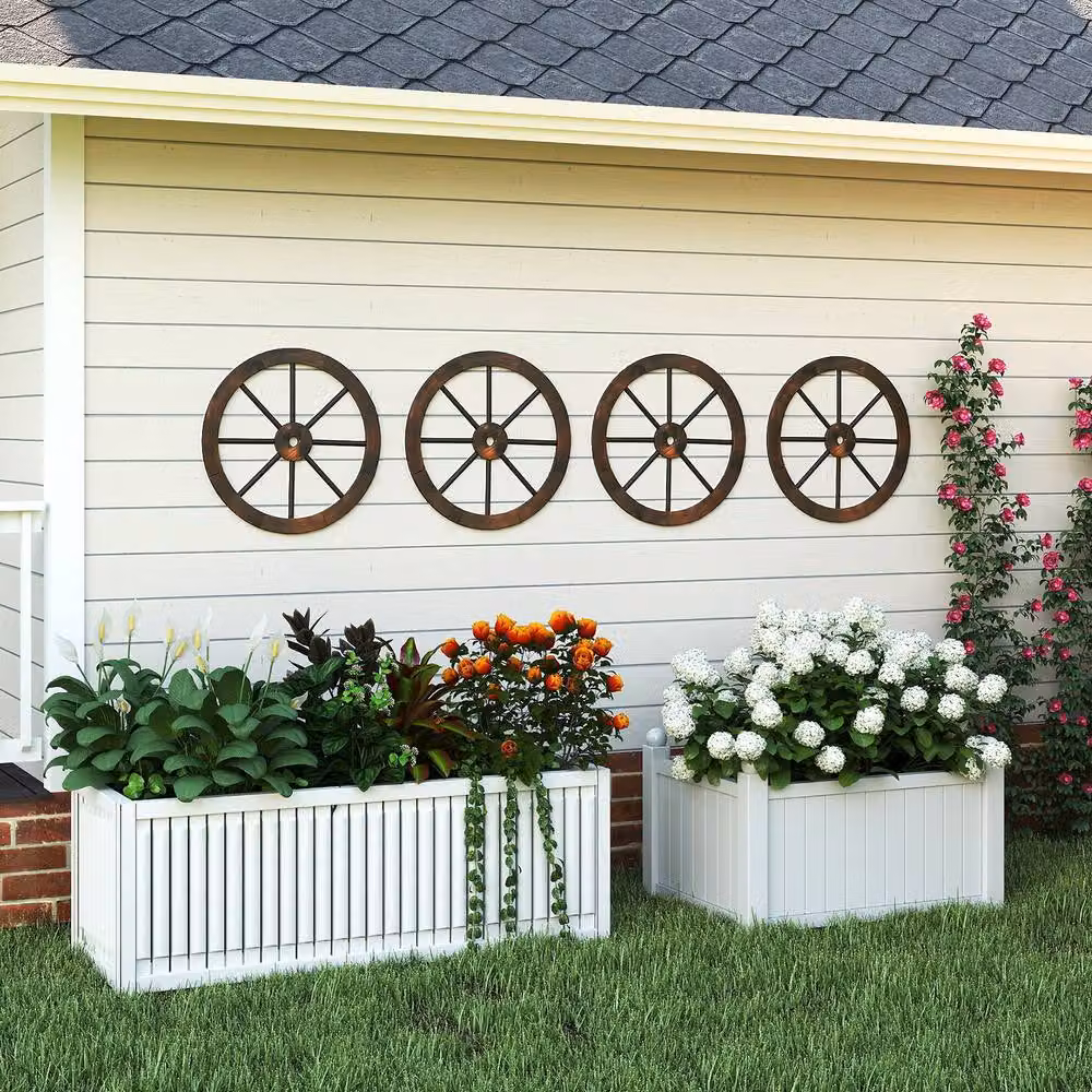 Costway Set of 2 Rustic Wood Wagon Wheels Vintage Wall Hanging Decoration, Brown, Diameter: 60.96 cm – 6