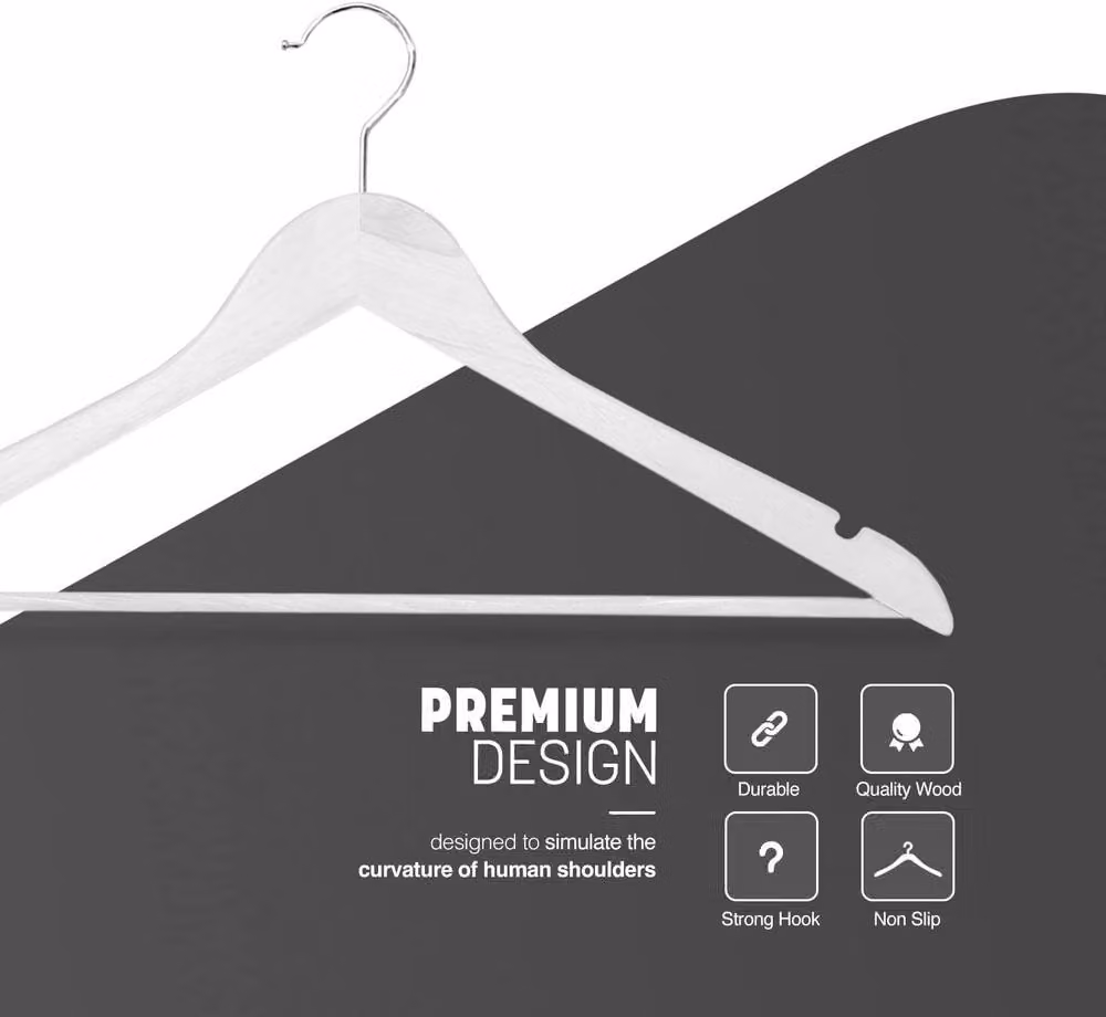 Dyzi 20 Pack White Wooden Clothes Hangers with Non-Slip Bar, Notches and Swivel Hook – 3