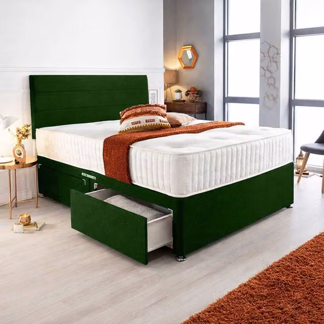 Paradise Beds Ltd Orthopaedic Hybrid Divan Bed Set with Memory Foam Spring Mattress in Green Velvet, W/D: 180 x 200 cm