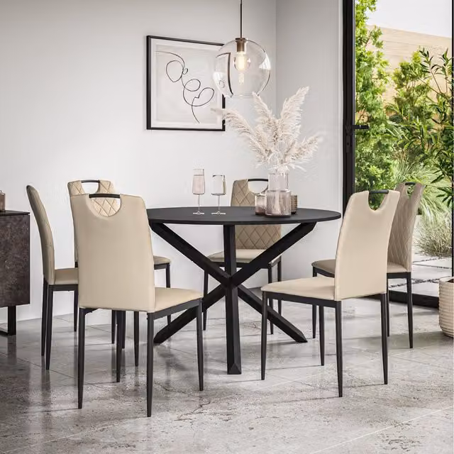 More4Homes Malvern Round Black Dining Table Set with 6 Beige Monza Chairs and Black Oak Legs, W: 120 cm, H: 75 cm