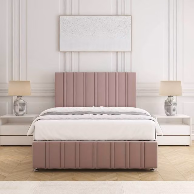 BSSPOKE Isabella Small Double Divan Bed Set with 24 inch Plush Velvet Headboard and Mattress in Pink, W/D/H: 120 x 200 cm