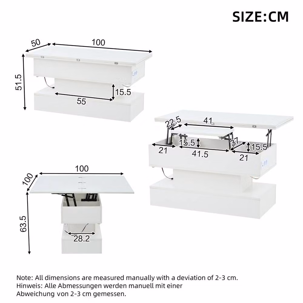 Matteo White Liftable Coffee Table with Power, USB and LED Storage, W/D/H: 100 x 51.5 x 50 cm – 2