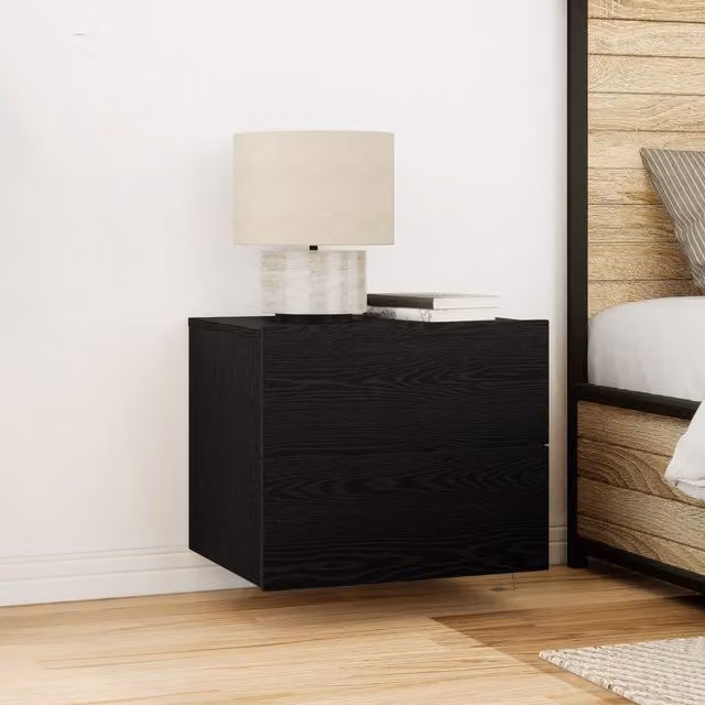 Berkfield Home Set of 2 Wall-Mounted Bedside Cabinets with Integrated LED Lights in Black Oak Matt