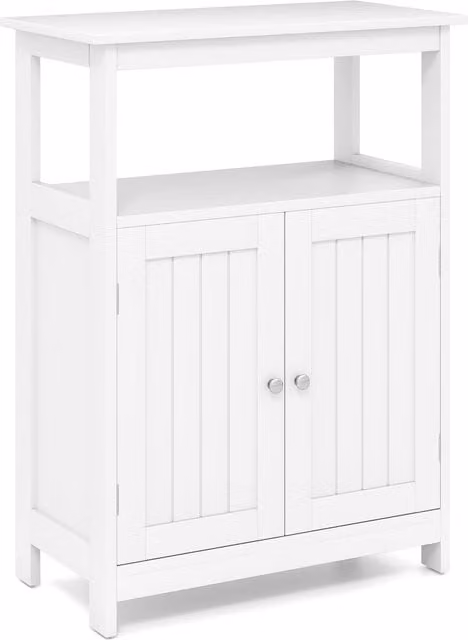 Gymax Freestanding White Bathroom and Living Room Floor Storage Cabinet with 2 Hinged Doors and Internal Shelves – 1