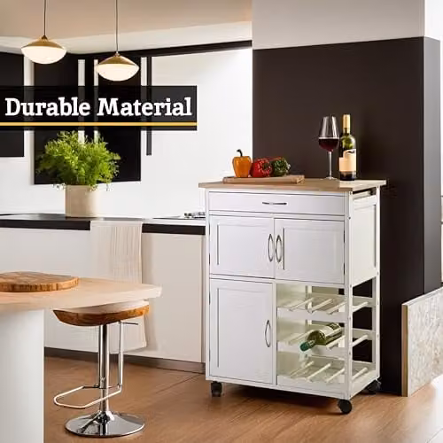 Orsina White and Bamboo Top Kitchen Trolley with Double Doors, W/D/H: 84 x 67 x 37 cm – 3